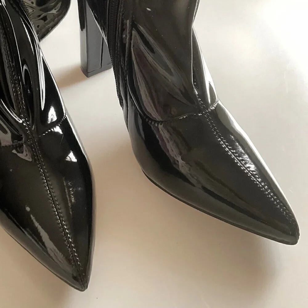 NEW WSKEISP Patent Leather Pu Chunky Block Heel Over The Knee Boots
